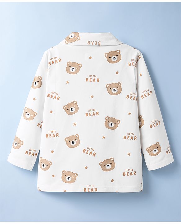 Babyhug Cotton Knit Full Sleeves Co-Ord Shirt & Pyjama Night-Suit With Bear Print - White