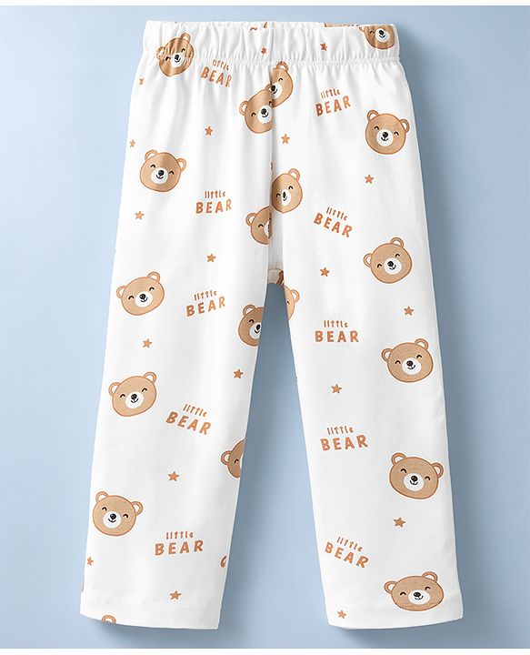 Babyhug Cotton Knit Full Sleeves Co-Ord Shirt & Pyjama Night-Suit With Bear Print - White