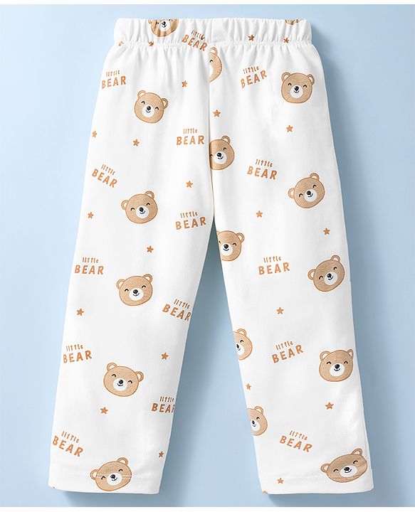 Babyhug Cotton Knit Full Sleeves Co-Ord Shirt & Pyjama Night-Suit With Bear Print - White