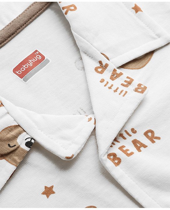 Babyhug Cotton Knit Full Sleeves Co-Ord Shirt & Pyjama Night-Suit With Bear Print - White