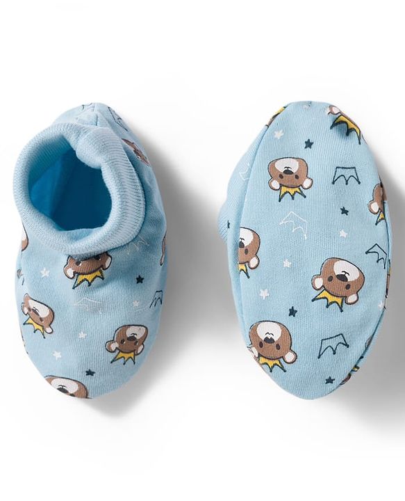 Babyhug 100% Cotton Knit Mittens & Booties Set with Bear Print - Light Blue