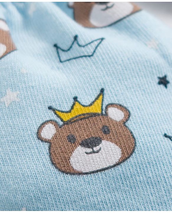 Babyhug 100% Cotton Knit Mittens & Booties Set with Bear Print - Light Blue