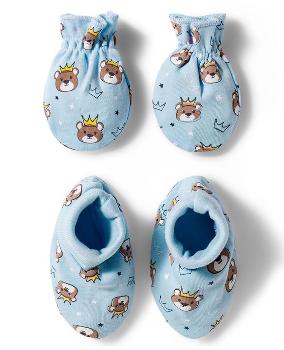 Babyhug 100% Cotton Knit Mittens & Booties Set with Bear Print - Light Blue