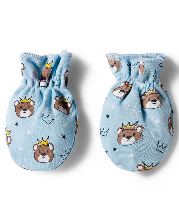 Babyhug 100% Cotton Knit Mittens & Booties Set with Bear Print - Light Blue