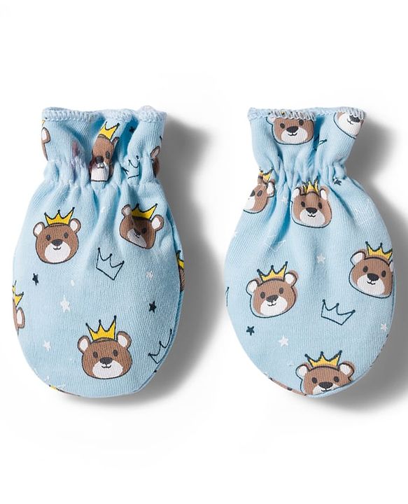 Babyhug 100% Cotton Knit Mittens & Booties Set with Bear Print - Light Blue