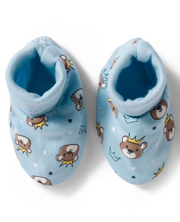 Babyhug 100% Cotton Knit Mittens & Booties Set with Bear Print - Light Blue