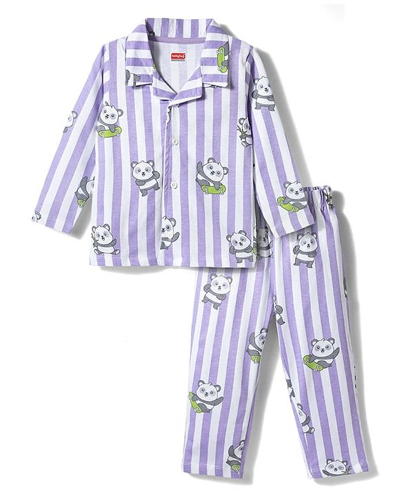 Babyhug 100% Cotton Knit Full Sleeves Shirt & Pyjama Co-ord Night Suit With Panda Print - Lavender