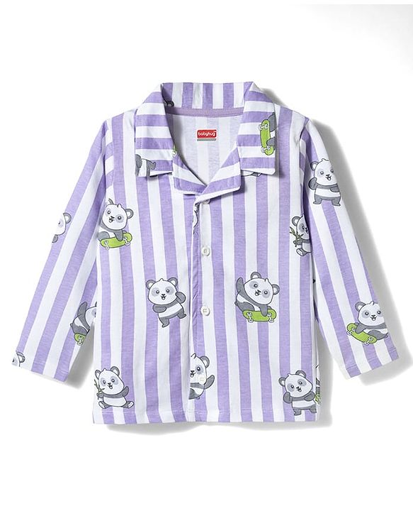 Babyhug 100% Cotton Knit Full Sleeves Shirt & Pyjama Co-ord Night Suit With Panda Print - Lavender