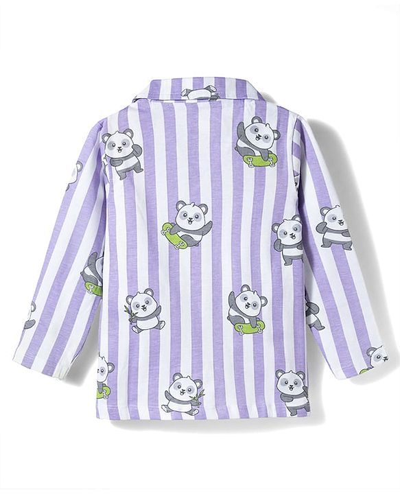 Babyhug 100% Cotton Knit Full Sleeves Shirt & Pyjama Co-ord Night Suit With Panda Print - Lavender