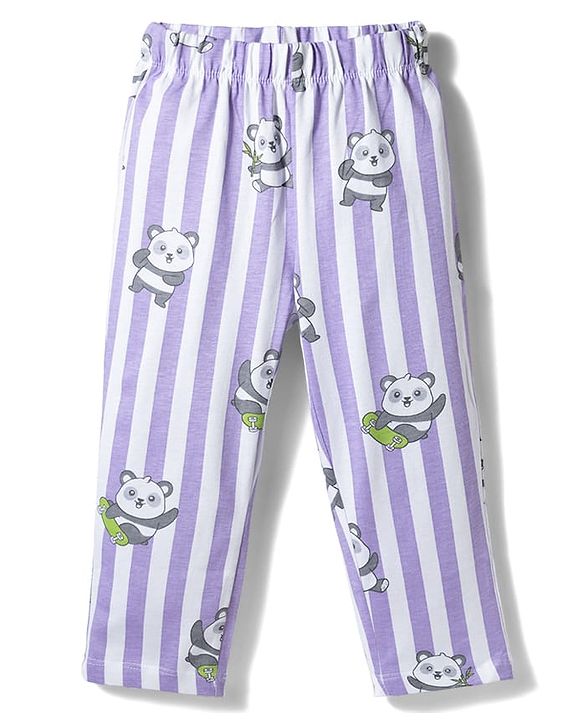 Babyhug 100% Cotton Knit Full Sleeves Shirt & Pyjama Co-ord Night Suit With Panda Print - Lavender