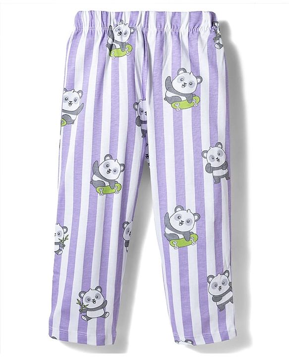 Babyhug 100% Cotton Knit Full Sleeves Shirt & Pyjama Co-ord Night Suit With Panda Print - Lavender