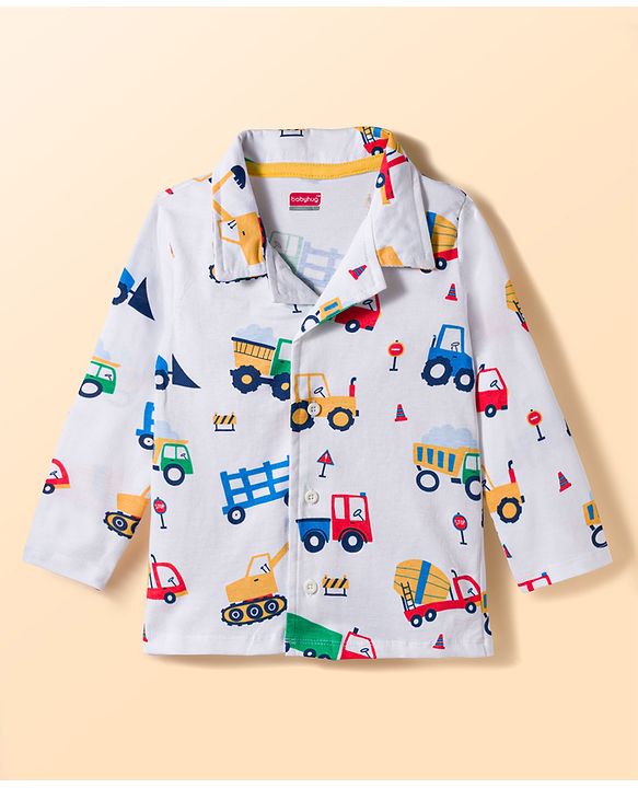 Babyhug Cotton Knit Full Sleeves Shirt & Pyjama Co-ord Night Suit With Vehicle Print - White