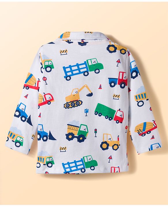 Babyhug Cotton Knit Full Sleeves Shirt & Pyjama Co-ord Night Suit With Vehicle Print - White