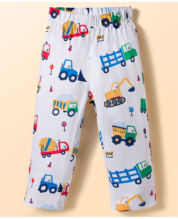 Babyhug Cotton Knit Full Sleeves Shirt & Pyjama Co-ord Night Suit With Vehicle Print - White