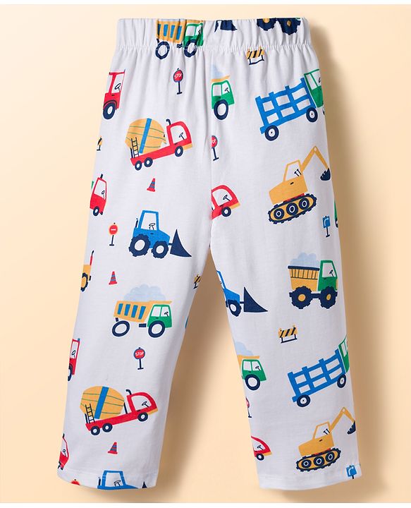Babyhug Cotton Knit Full Sleeves Shirt & Pyjama Co-ord Night Suit With Vehicle Print - White