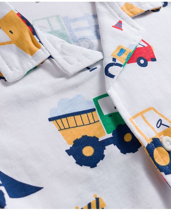 Babyhug Cotton Knit Full Sleeves Shirt & Pyjama Co-ord Night Suit With Vehicle Print - White