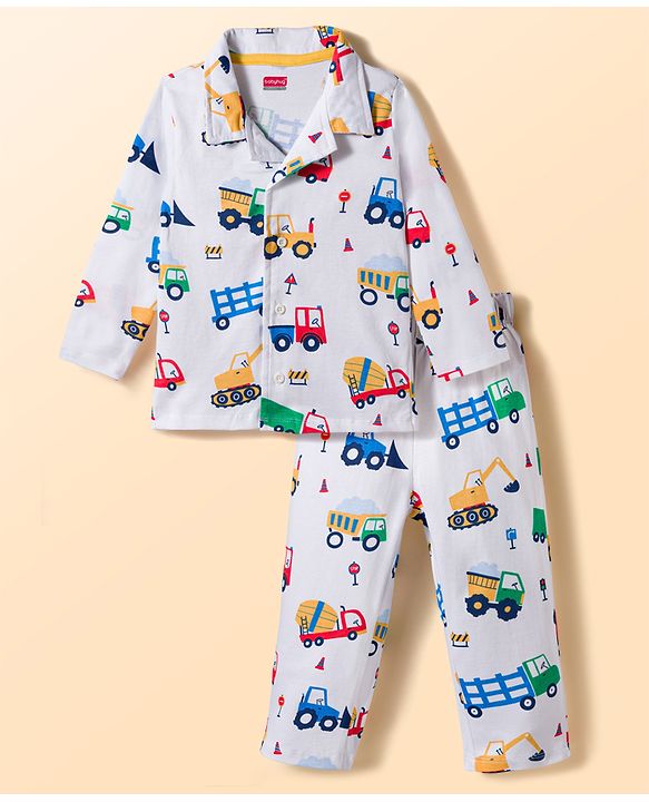 Babyhug Cotton Knit Full Sleeves Shirt & Pyjama Co-ord Night Suit With Vehicle Print - White