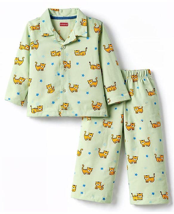 Babyhug Cotton Knit Full Sleeves Shirt & Pyjama Co-ord Night Suit With Tiger Print - Lime Green