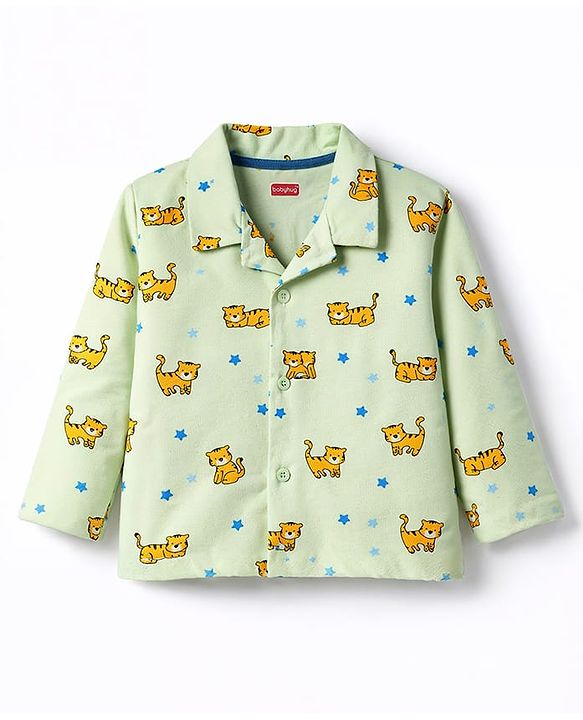 Babyhug Cotton Knit Full Sleeves Shirt & Pyjama Co-ord Night Suit With Tiger Print - Lime Green