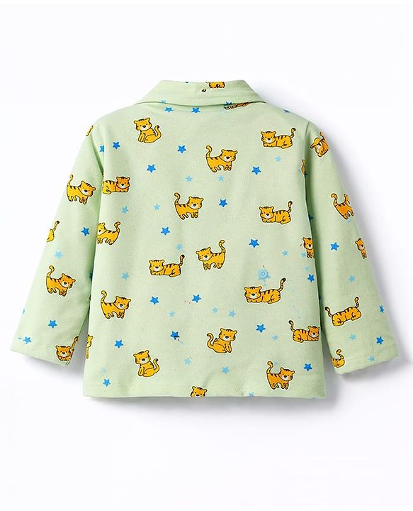 Babyhug Cotton Knit Full Sleeves Shirt & Pyjama Co-ord Night Suit With Tiger Print - Lime Green