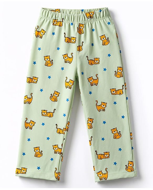 Babyhug Cotton Knit Full Sleeves Shirt & Pyjama Co-ord Night Suit With Tiger Print - Lime Green