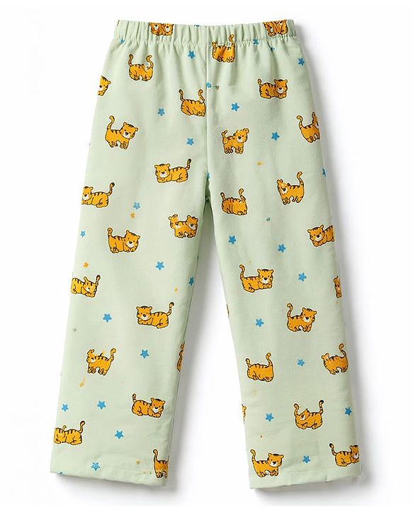 Babyhug Cotton Knit Full Sleeves Shirt & Pyjama Co-ord Night Suit With Tiger Print - Lime Green