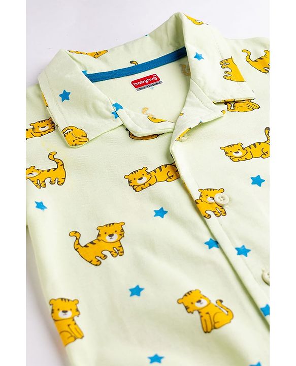 Babyhug Cotton Knit Full Sleeves Shirt & Pyjama Co-ord Night Suit With Tiger Print - Lime Green