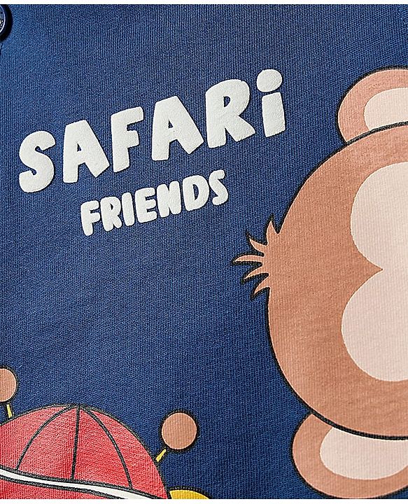 Babyhug 100% Cotton Single Jersey Knit Half Sleeves T-Shirt & Dungaree Set with Safari Print - Red & Navy Blue