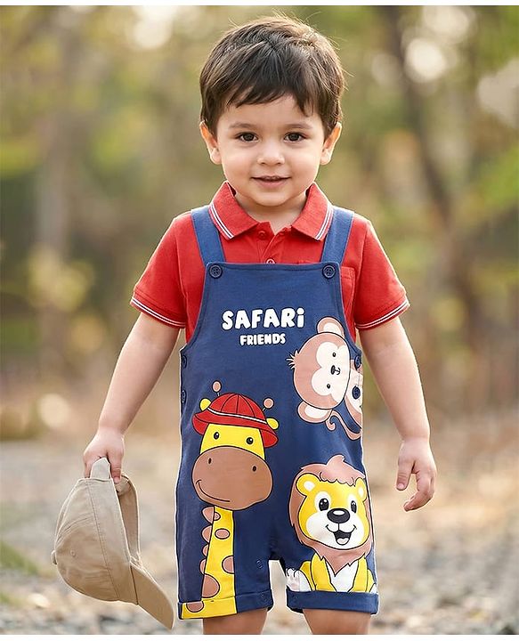 Babyhug Single Jersey Knit Half Sleeves T-Shirt & Dungaree Set with Safari Print - Red & Navy Blue