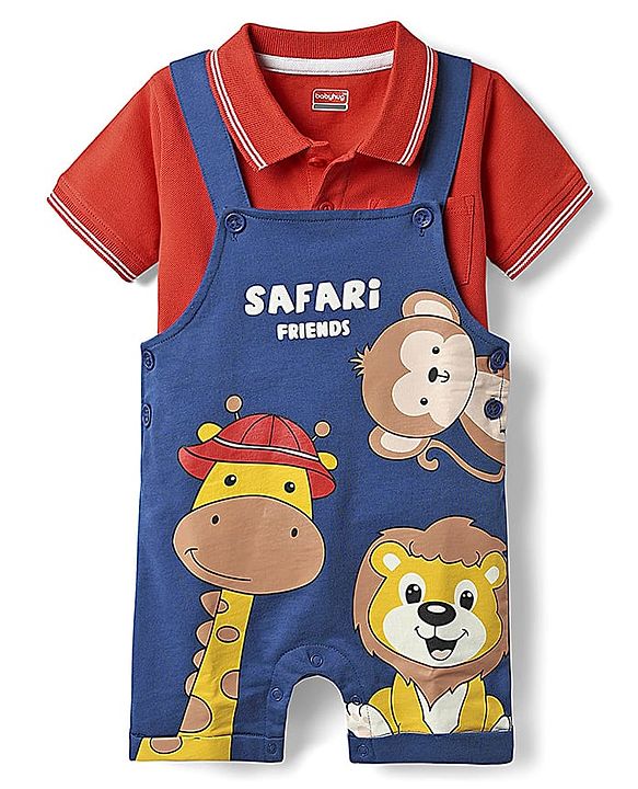 Babyhug Single Jersey Knit Half Sleeves T-Shirt & Dungaree Set with Safari Print - Red & Navy Blue