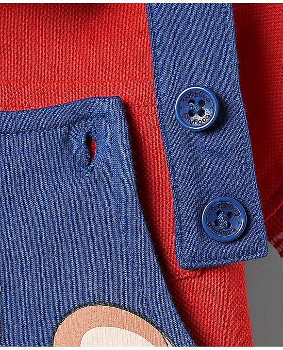 Babyhug Single Jersey Knit Half Sleeves T-Shirt & Dungaree Set with Safari Print - Red & Navy Blue