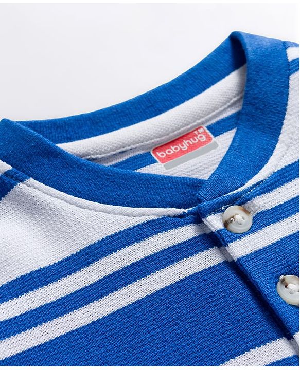 Babyhug Cotton Blend Knit Half Sleeves Striped Henley T-Shirt with HD Ship Graphic - Multicolor