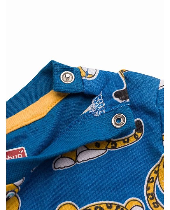 Babyhug Single Jersey Knit Half Sleeves T-Shirt & Dungaree Set with Tiger Print - Yellow & Navy Blue