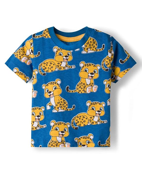 Babyhug Single Jersey Knit Half Sleeves T-Shirt & Dungaree Set with Tiger Print - Yellow & Navy Blue