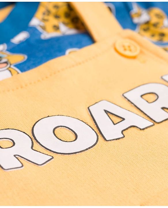 Babyhug Single Jersey Knit Half Sleeves T-Shirt & Dungaree Set with Tiger Print - Yellow & Navy Blue