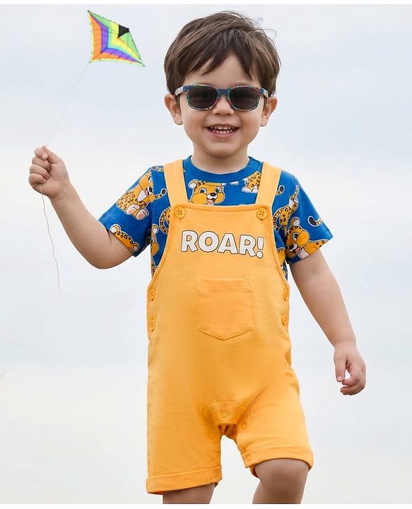 Babyhug Single Jersey Knit Half Sleeves T-Shirt & Dungaree Set with Tiger Print - Yellow & Navy Blue
