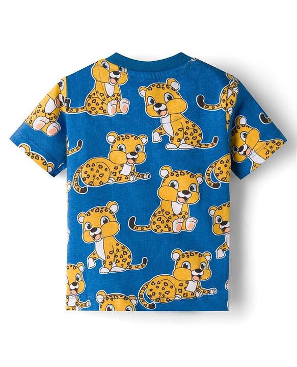 Babyhug Single Jersey Knit Half Sleeves T-Shirt & Dungaree Set with Tiger Print - Yellow & Navy Blue