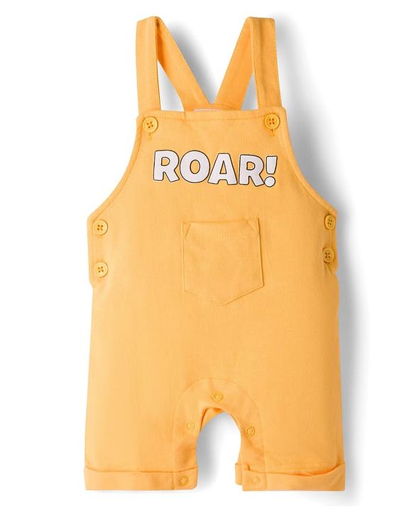 Babyhug Single Jersey Knit Half Sleeves T-Shirt & Dungaree Set with Tiger Print - Yellow & Navy Blue