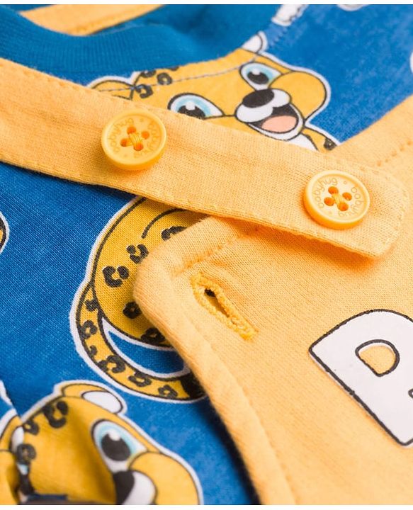 Babyhug Single Jersey Knit Half Sleeves T-Shirt & Dungaree Set with Tiger Print - Yellow & Navy Blue