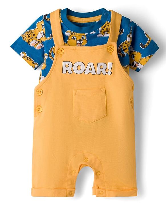 Babyhug Single Jersey Knit Half Sleeves T-Shirt & Dungaree Set with Tiger Print - Yellow & Navy Blue