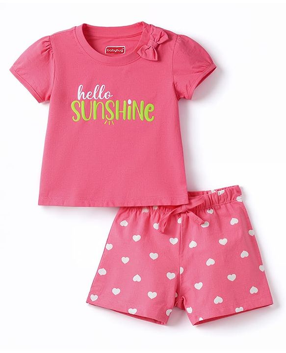 Babyhug 100% Cotton Knit Half Sleeves T-Shirt & Shorts Co-ord Night Suit With Heart Print - Pink
