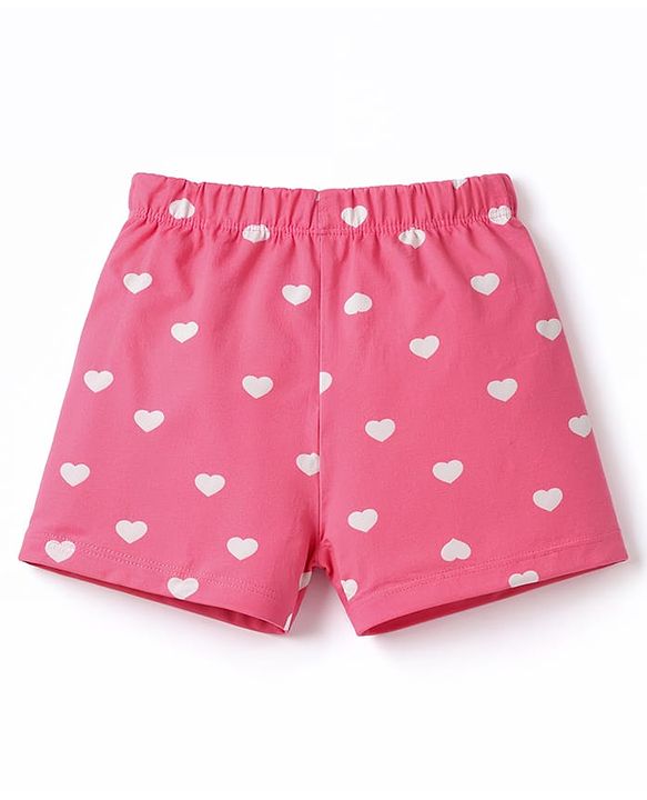 Babyhug 100% Cotton Knit Half Sleeves T-Shirt & Shorts Co-ord Night Suit With Heart Print - Pink