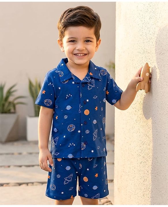 Babyhug Cotton Knit Half Sleeves Co-Ord Shirt & Short Night-Suit With Space Theme - Navy Blue