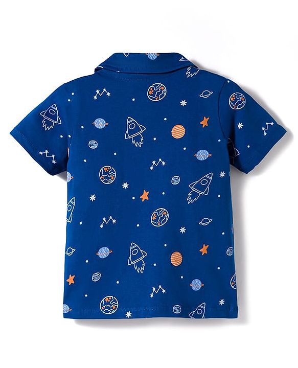 Babyhug Cotton Knit Half Sleeves Co-Ord Shirt & Short Night-Suit With Space Theme - Navy Blue