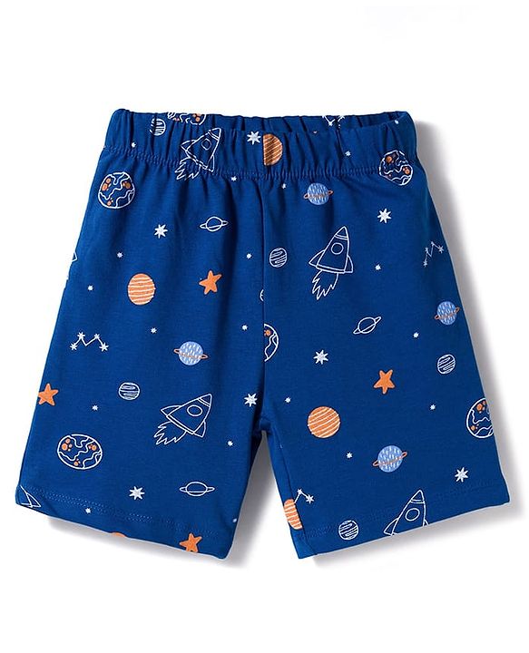 Babyhug Cotton Knit Half Sleeves Co-Ord Shirt & Short Night-Suit With Space Theme - Navy Blue