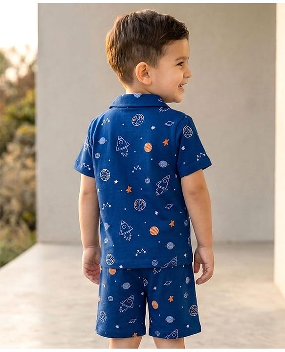 Babyhug Cotton Knit Half Sleeves Co-Ord Shirt & Short Night-Suit With Space Theme - Navy Blue