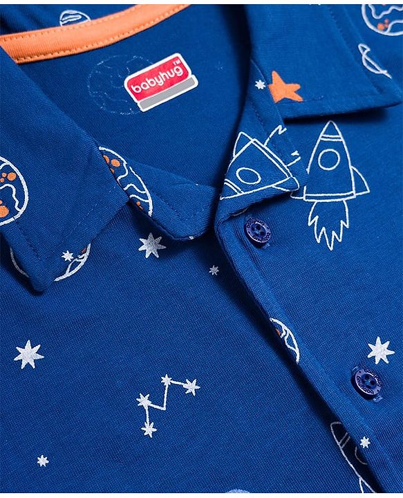 Babyhug Cotton Knit Half Sleeves Co-Ord Shirt & Short Night-Suit With Space Theme - Navy Blue