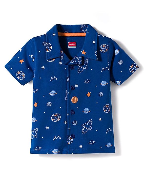 Babyhug Cotton Knit Half Sleeves Co-Ord Shirt & Short Night-Suit With Space Theme - Navy Blue
