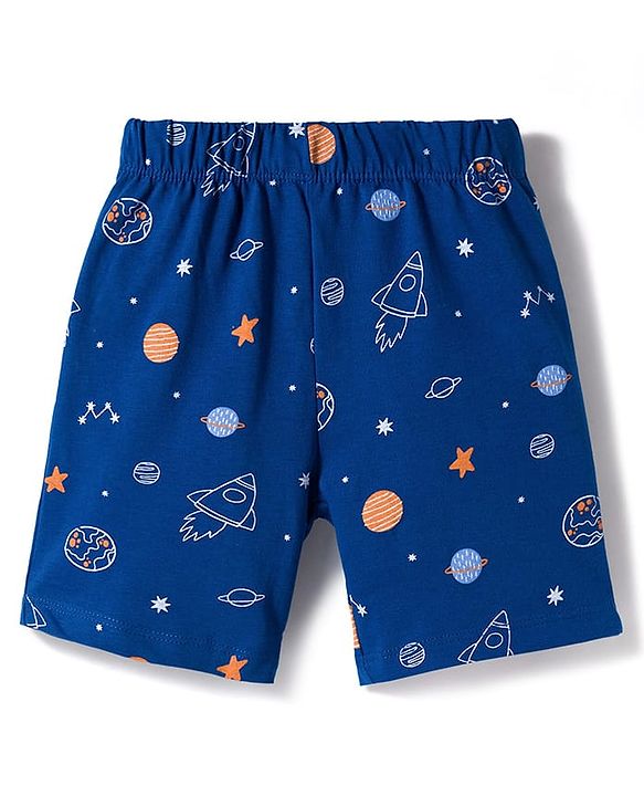 Babyhug Cotton Knit Half Sleeves Co-Ord Shirt & Short Night-Suit With Space Theme - Navy Blue