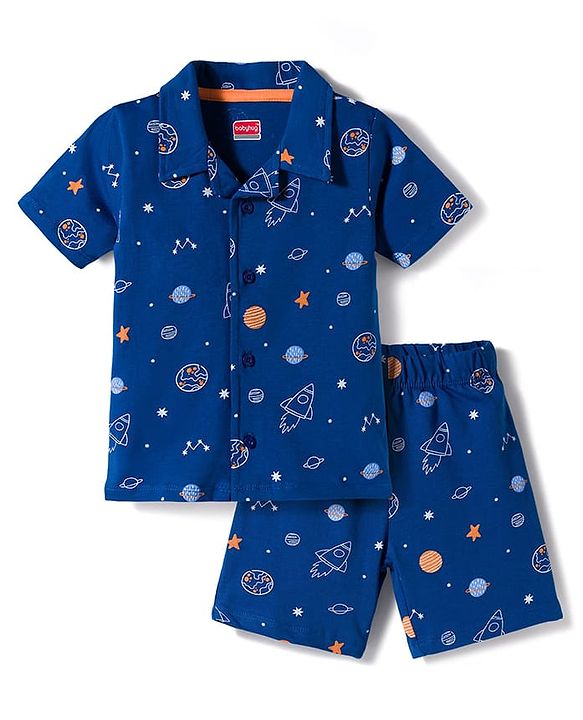 Babyhug Cotton Knit Half Sleeves Co-Ord Shirt & Short Night-Suit With Space Theme - Navy Blue